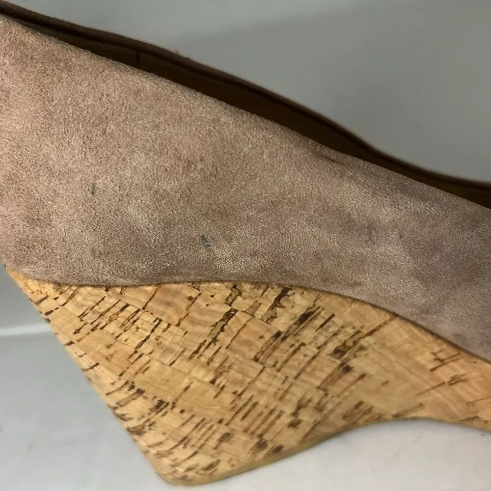 Stuart Weitzman Anna Wedge Peep Toe Designer Shoes Women Sz 8‎ Tan Suede Luxury